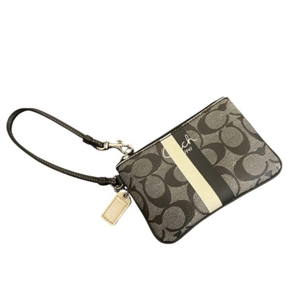 Coach Heritage Stripe Signature C Wristlet Grey Black Monogram Zip Bag